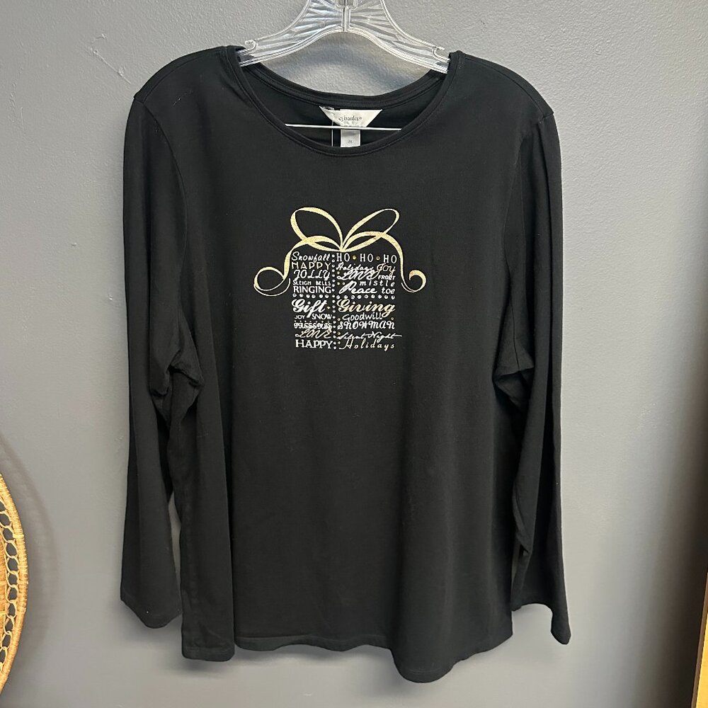 CJ Banks Holiday Gift Black Gold Graphic Long Sleeve Tee Womens Plus Size 2X